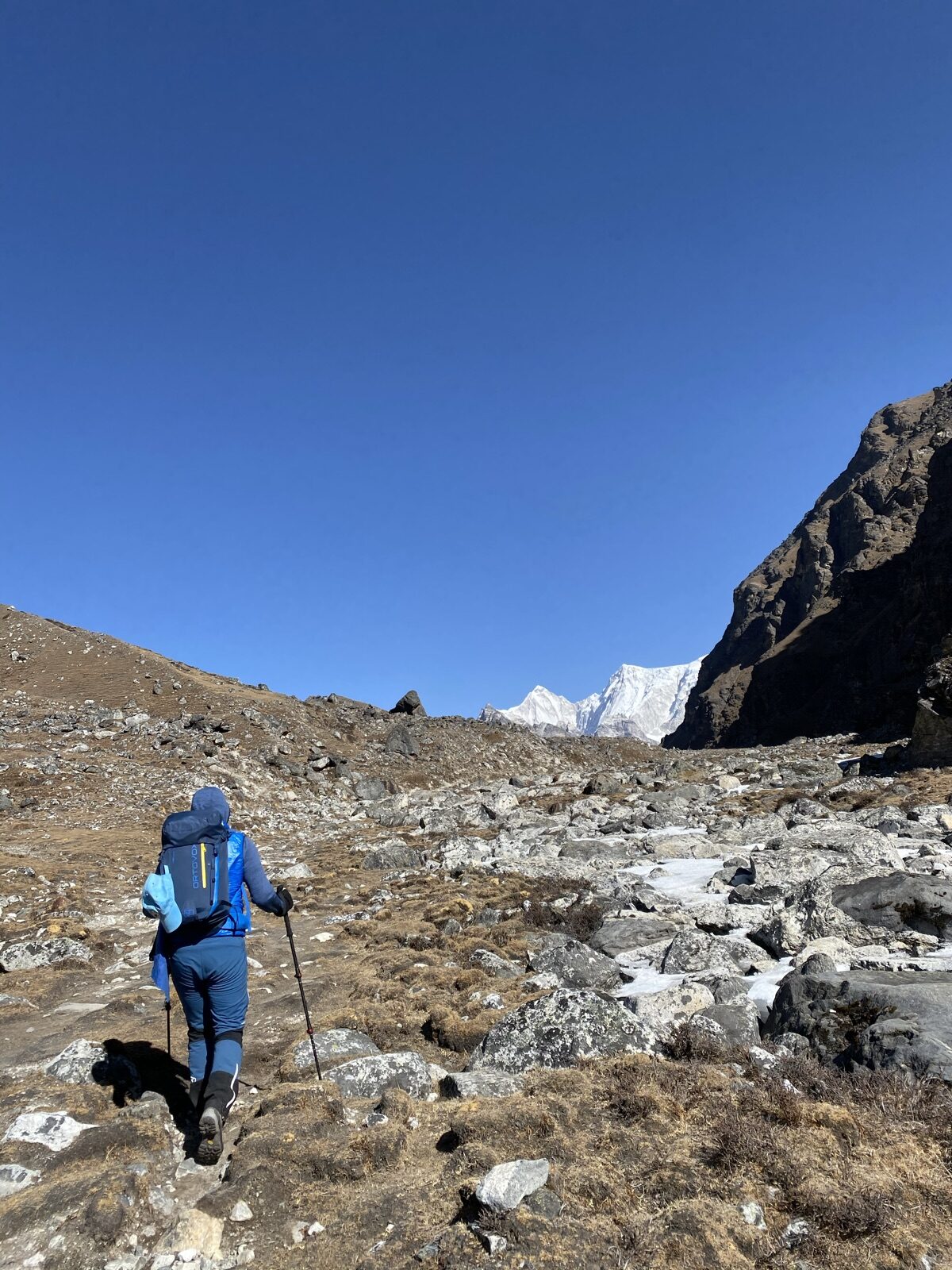 Ein einzelner Wanderer auf einem Steinpfad, vor sich verschneite Gipfel